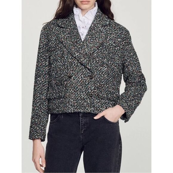 SANDRO PARIS ZAZIE SUIT BLAZER CROP TWEED SZ 40 ( US 8 ) - Picture 4 of 14